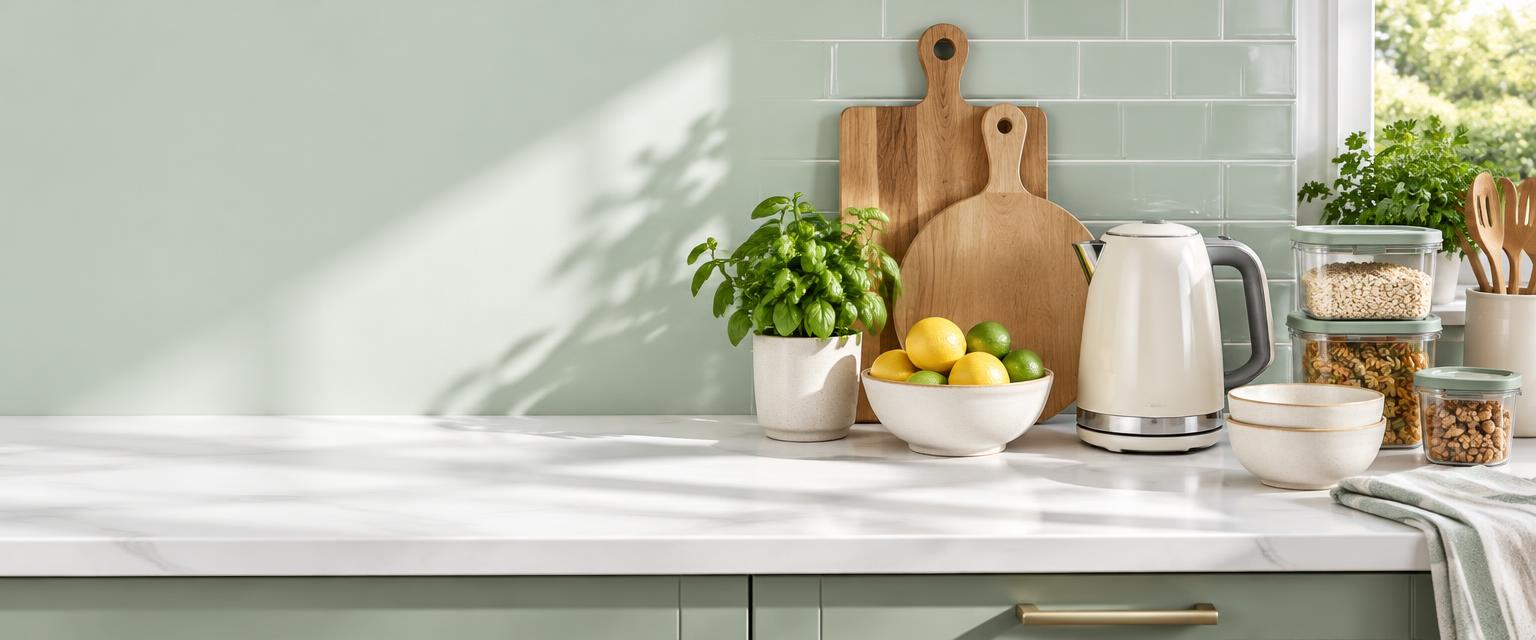 Everyday kitchen essentials on a bright, organized countertop